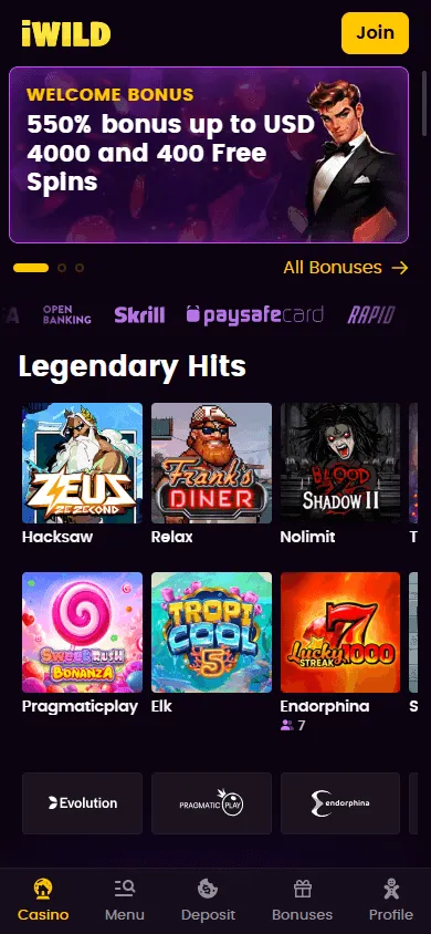 iWild Casino home page on a mobile device