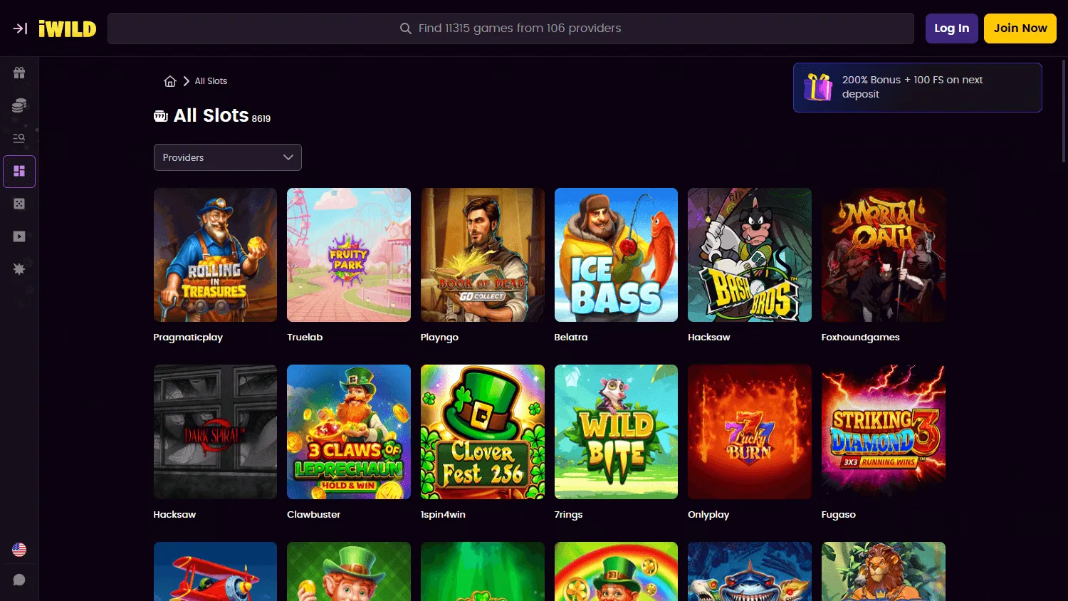 iWild Casino games area on a desktop screen