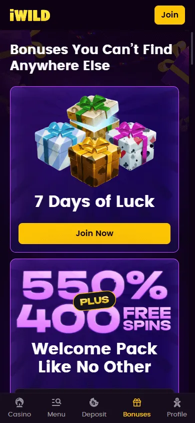 iWild Casino promotions area on a mobile device
