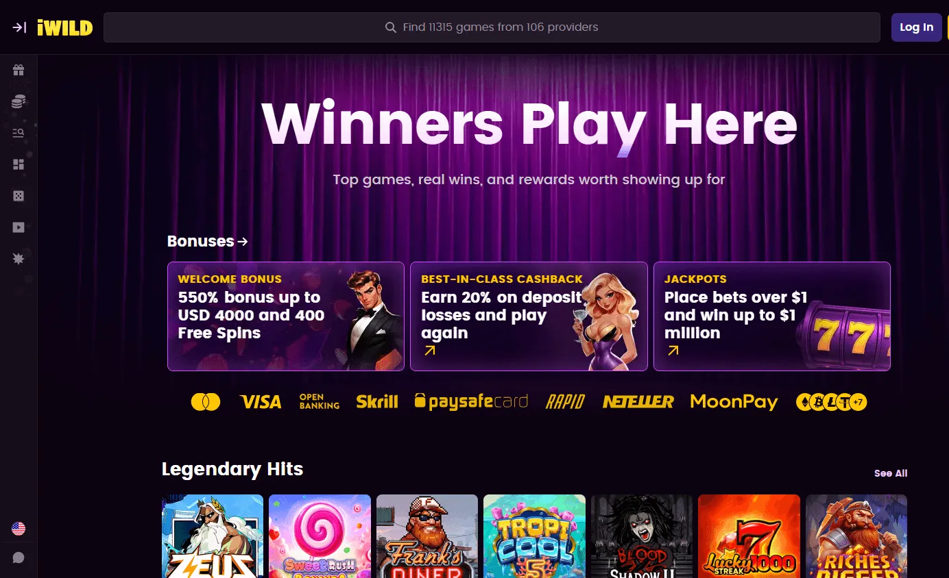 iWild Casino home page on a desktop screen