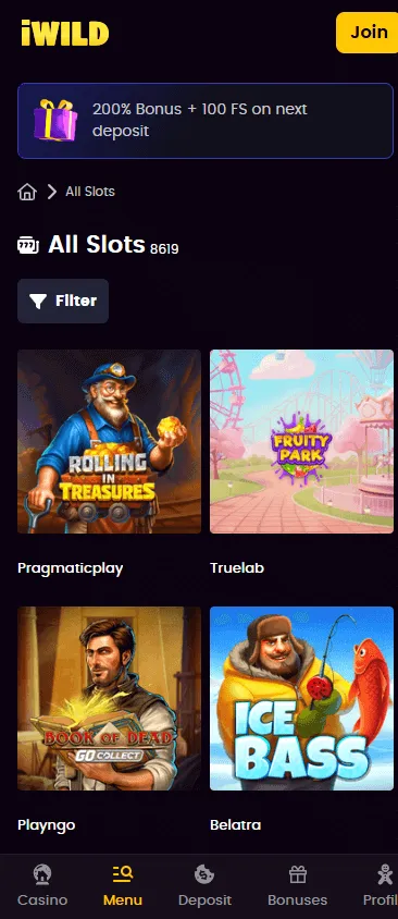 iWild Casino games area on a mobile device